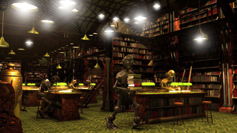 Les robots dans la grande bibliothèque des archives de United Robots